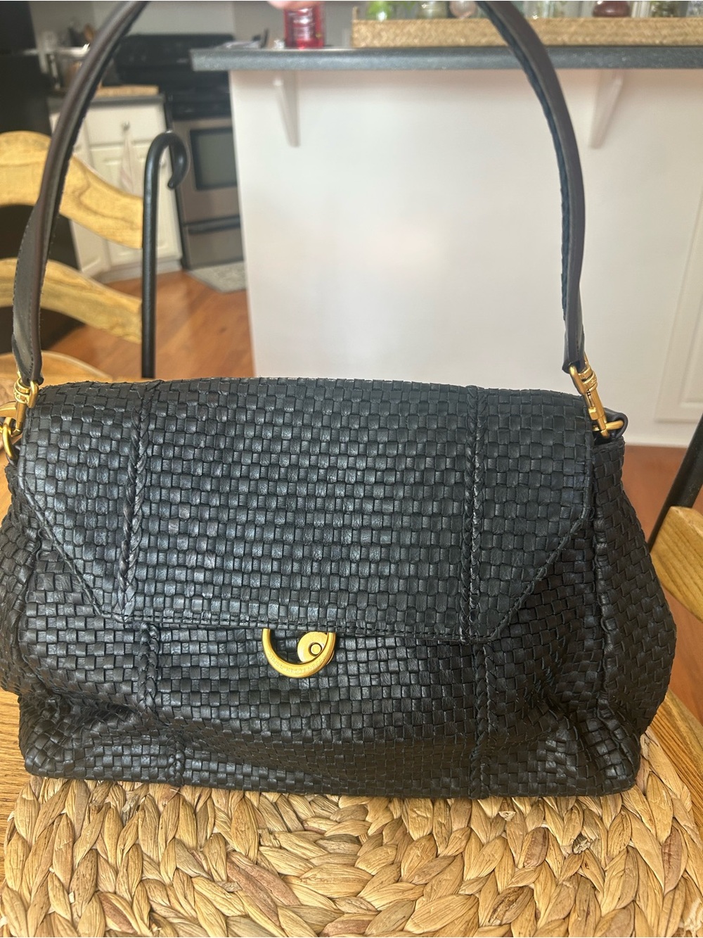 Aimee Kestenberg Black Woven Leather Shoulder Bag with Gold Accent